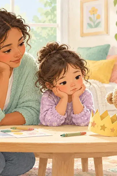 Mother and child thinking together beside a teddy bear and paper crown
