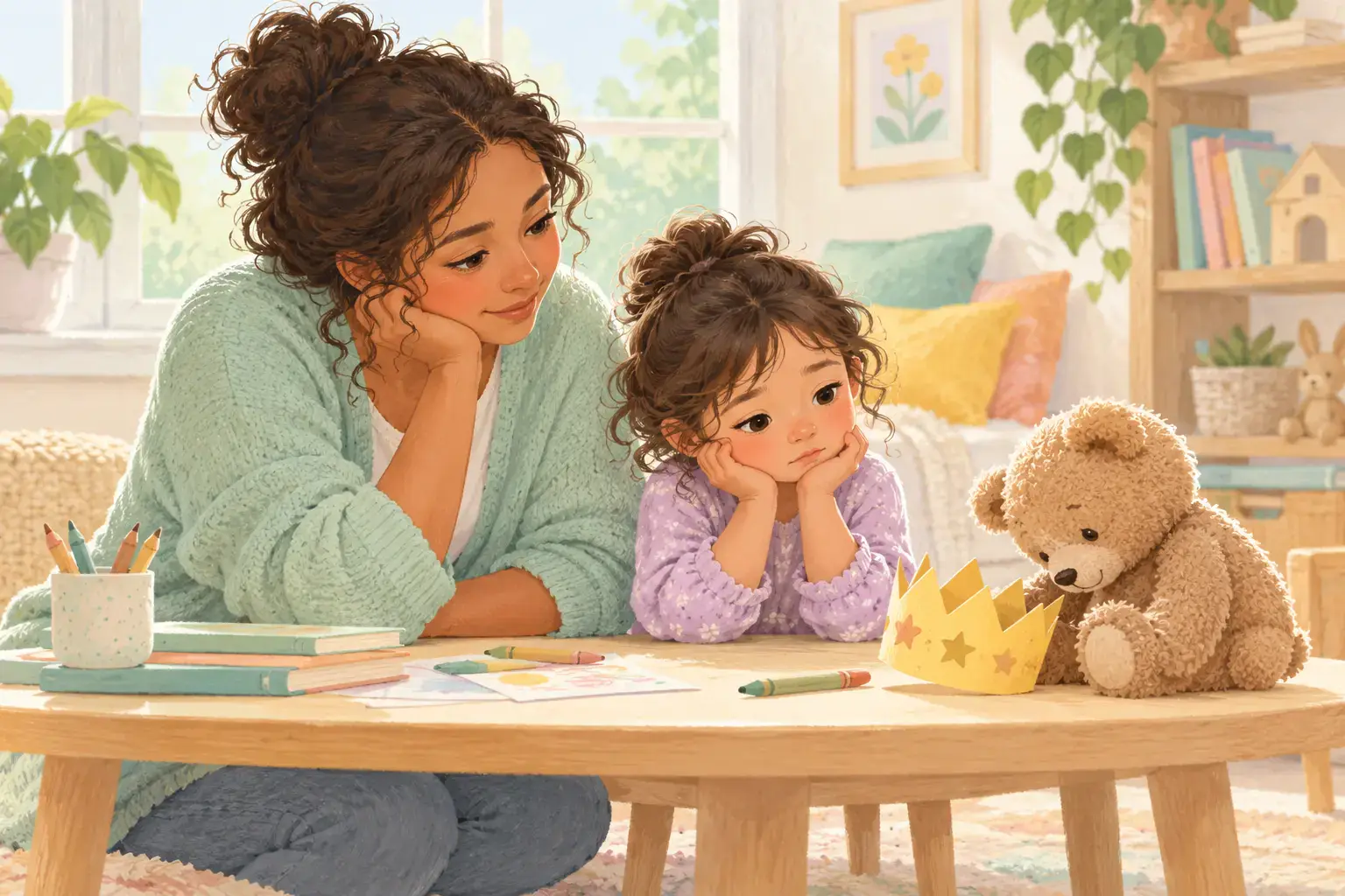 Mother and child thinking together beside a teddy bear and paper crown