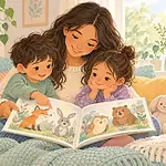 Mother and two children exploring an illustrated storybook