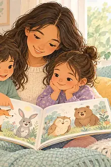 Mother and two children exploring an illustrated storybook