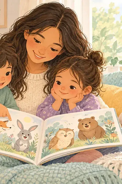 Mother and two children exploring an illustrated storybook