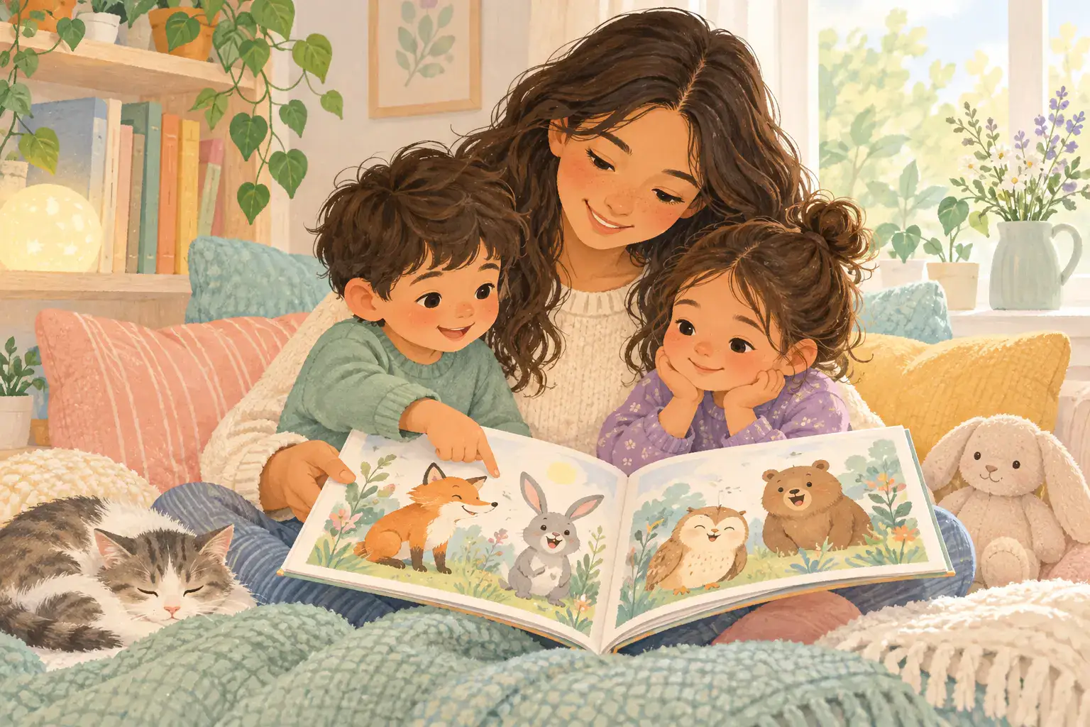 Mother and two children exploring an illustrated storybook