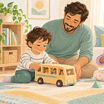 Father supporting two children playing with a toy bus and blocks