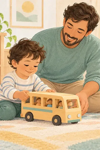Father supporting two children playing with a toy bus and blocks