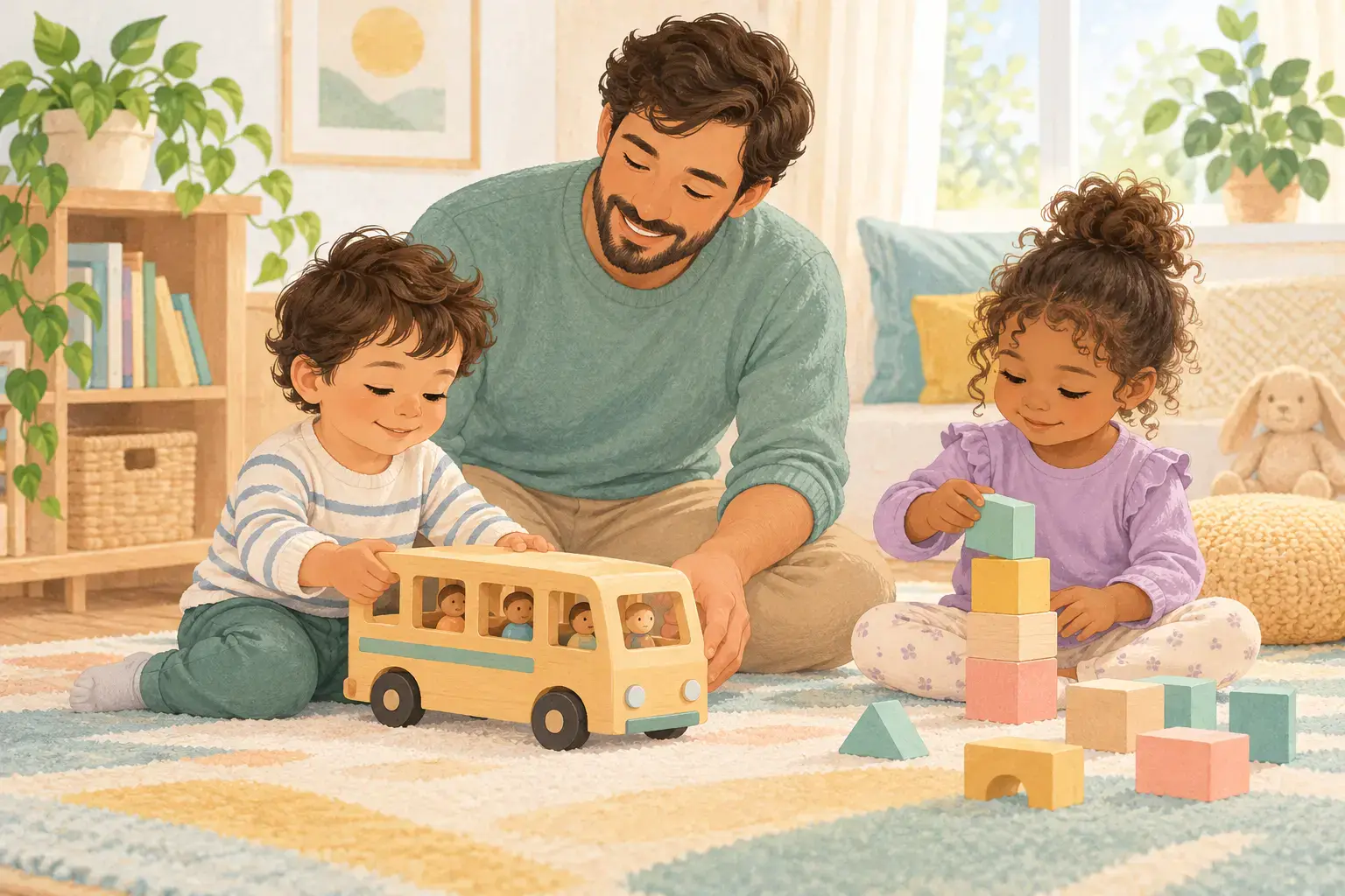 Father supporting two children playing with a toy bus and blocks