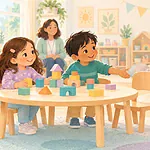 Children making room for a newcomer at a play table