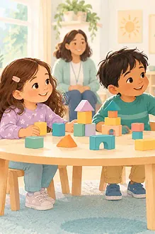 Children making room for a newcomer at a play table