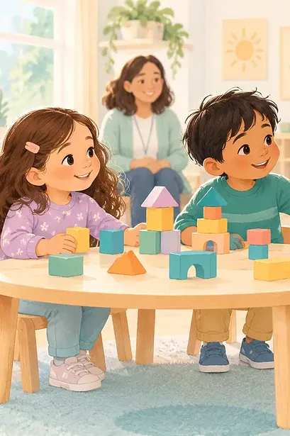 Children making room for a newcomer at a play table
