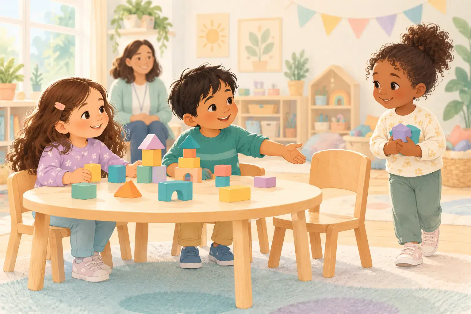 Children making room for a newcomer at a play table