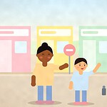 Illustration of a parent and child on a shop street, the child pointing at a road sign while the parent takes a photo