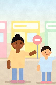 Illustration of a parent and child on a shop street, the child pointing at a road sign while the parent takes a photo