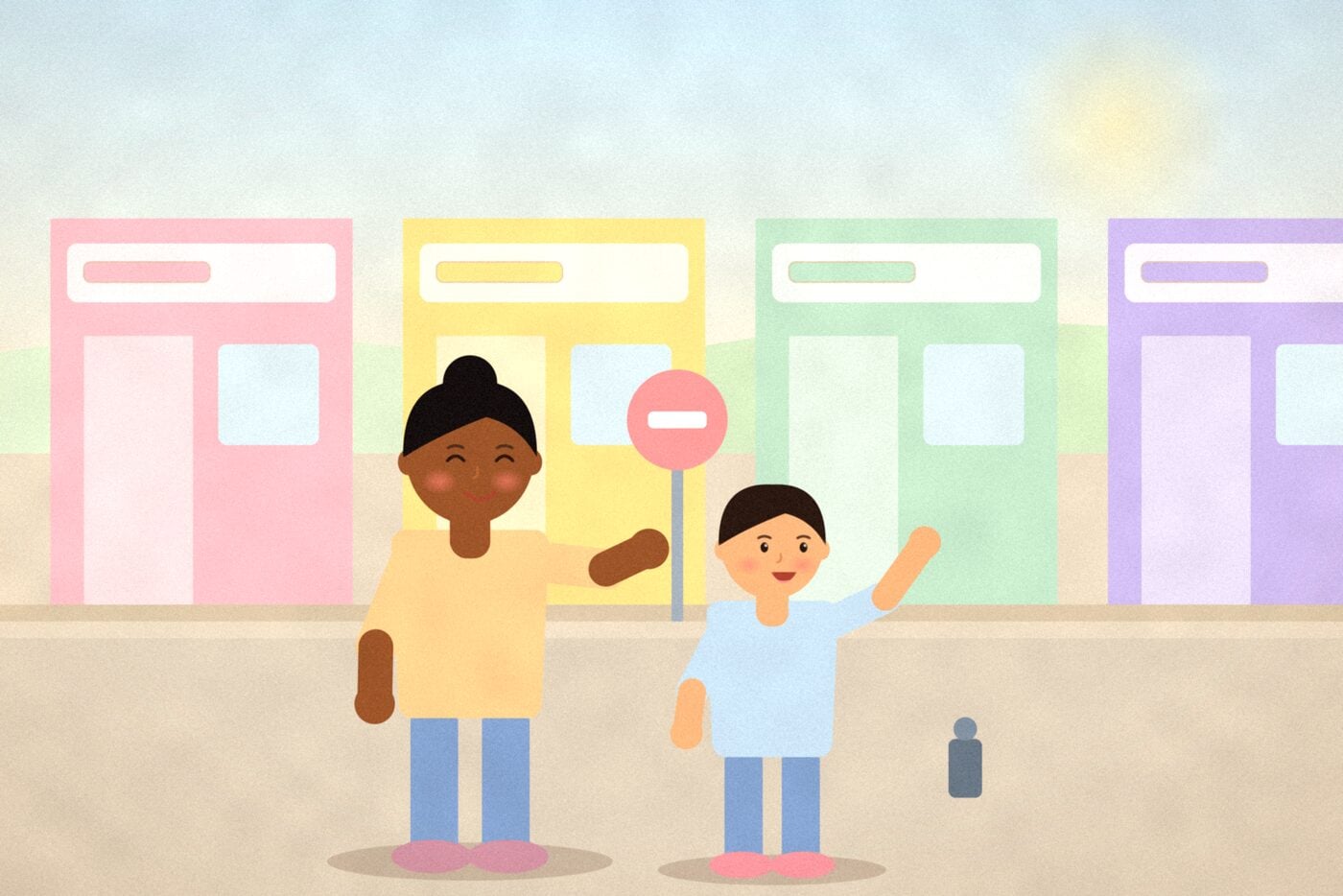 Illustration of a parent and child on a shop street, the child pointing at a road sign while the parent takes a photo