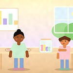 Illustration of a parent and two children around a table with a jar of shells, string loops round counters and a simple bar chart on the wall