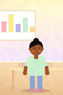 Illustration of a parent and two children around a table with a jar of shells, string loops round counters and a simple bar chart on the wall