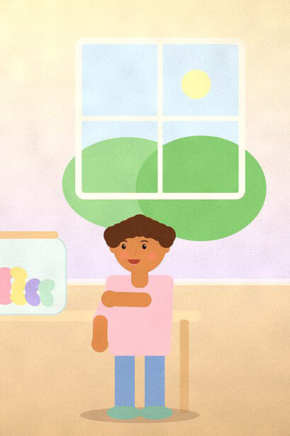 Illustration of a parent and two children around a table with a jar of shells, string loops round counters and a simple bar chart on the wall