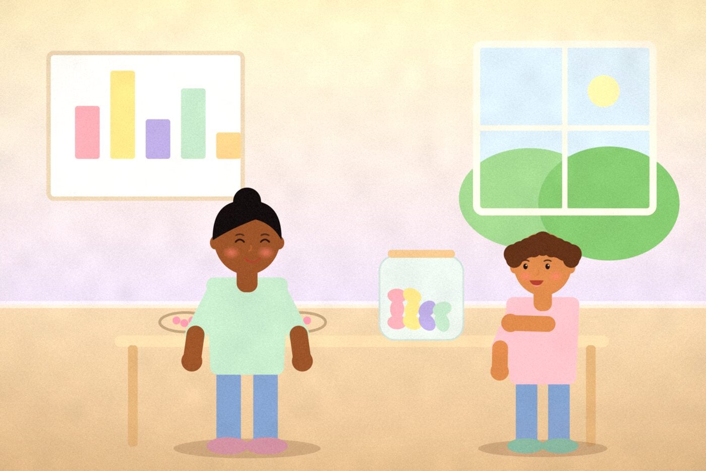 Illustration of a parent and two children around a table with a jar of shells, string loops round counters and a simple bar chart on the wall
