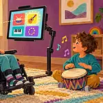Child in a supportive wheelchair using eye gaze to choose music on a mounted screen