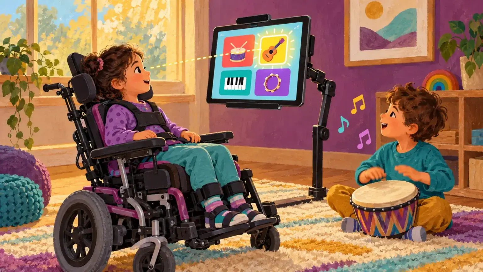 Child in a supportive wheelchair using eye gaze to choose music on a mounted screen