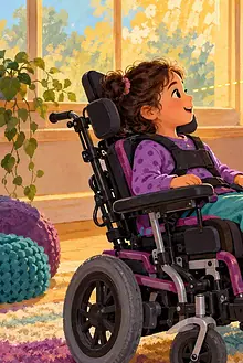 Child in a supportive wheelchair using eye gaze to choose music on a mounted screen