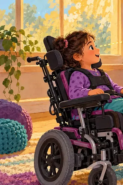 Child in a supportive wheelchair using eye gaze to choose music on a mounted screen