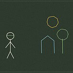 Chalkboard-style line drawing of a blindfolded figure beside a simple drawn scene of a sun, house and tree, representing an eyes-closed art activity