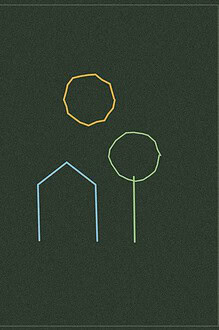 Chalkboard-style line drawing of a blindfolded figure beside a simple drawn scene of a sun, house and tree, representing an eyes-closed art activity
