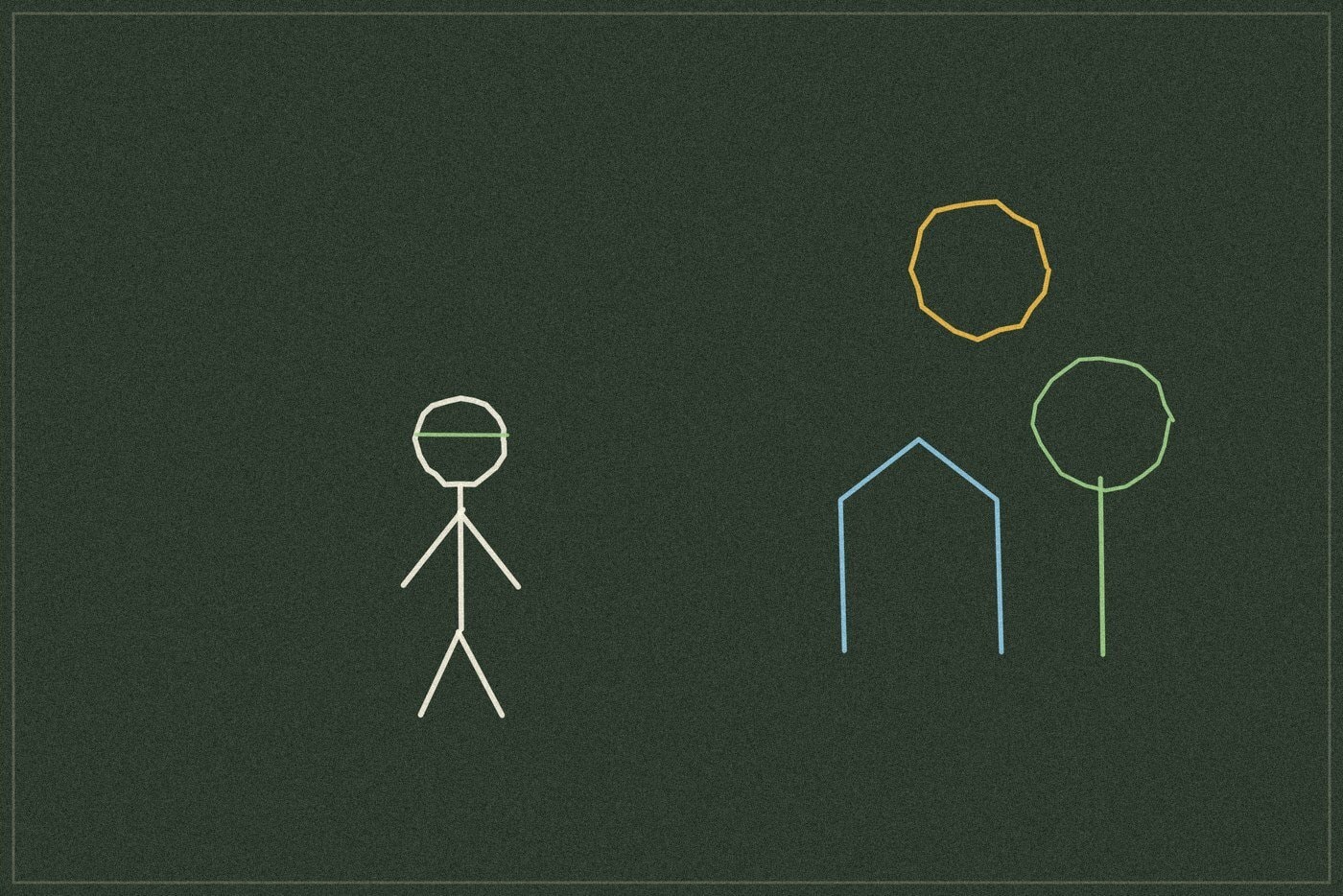 Chalkboard-style line drawing of a blindfolded figure beside a simple drawn scene of a sun, house and tree, representing an eyes-closed art activity