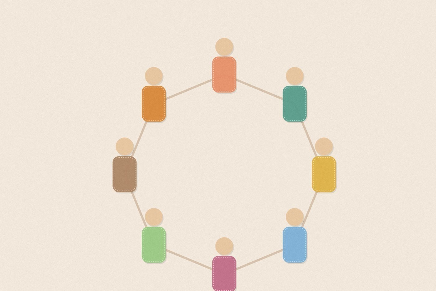 Felt appliqué style illustration of colourful soft rounded figures with dashed stitch borders, arranged for the activity 'Getting everyone in: fair groups, real inclusion, and running a group activity well'