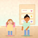 Illustration of a child posting a note into a pink shoebox mailbox on a table while a parent stands by a wall of named mail pockets