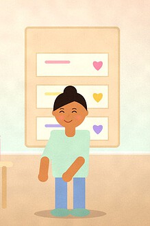 Illustration of a child posting a note into a pink shoebox mailbox on a table while a parent stands by a wall of named mail pockets