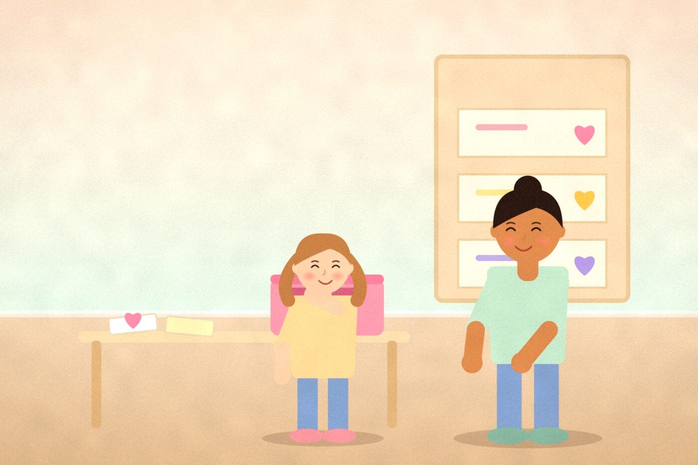 Illustration of a child posting a note into a pink shoebox mailbox on a table while a parent stands by a wall of named mail pockets