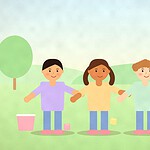 Illustration of three children passing wooden blocks along a line in a garden, with a pyramid of blocks at the end