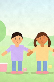 Illustration of three children passing wooden blocks along a line in a garden, with a pyramid of blocks at the end