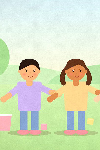 Illustration of three children passing wooden blocks along a line in a garden, with a pyramid of blocks at the end