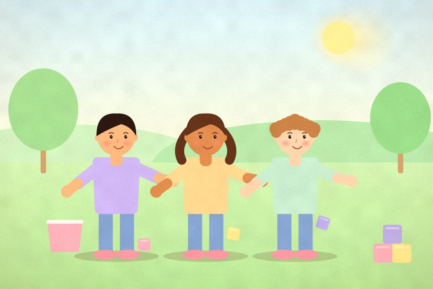 Illustration of three children passing wooden blocks along a line in a garden, with a pyramid of blocks at the end