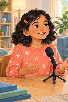 Child practising comfortable speaking into a microphone while a caregiver listens
