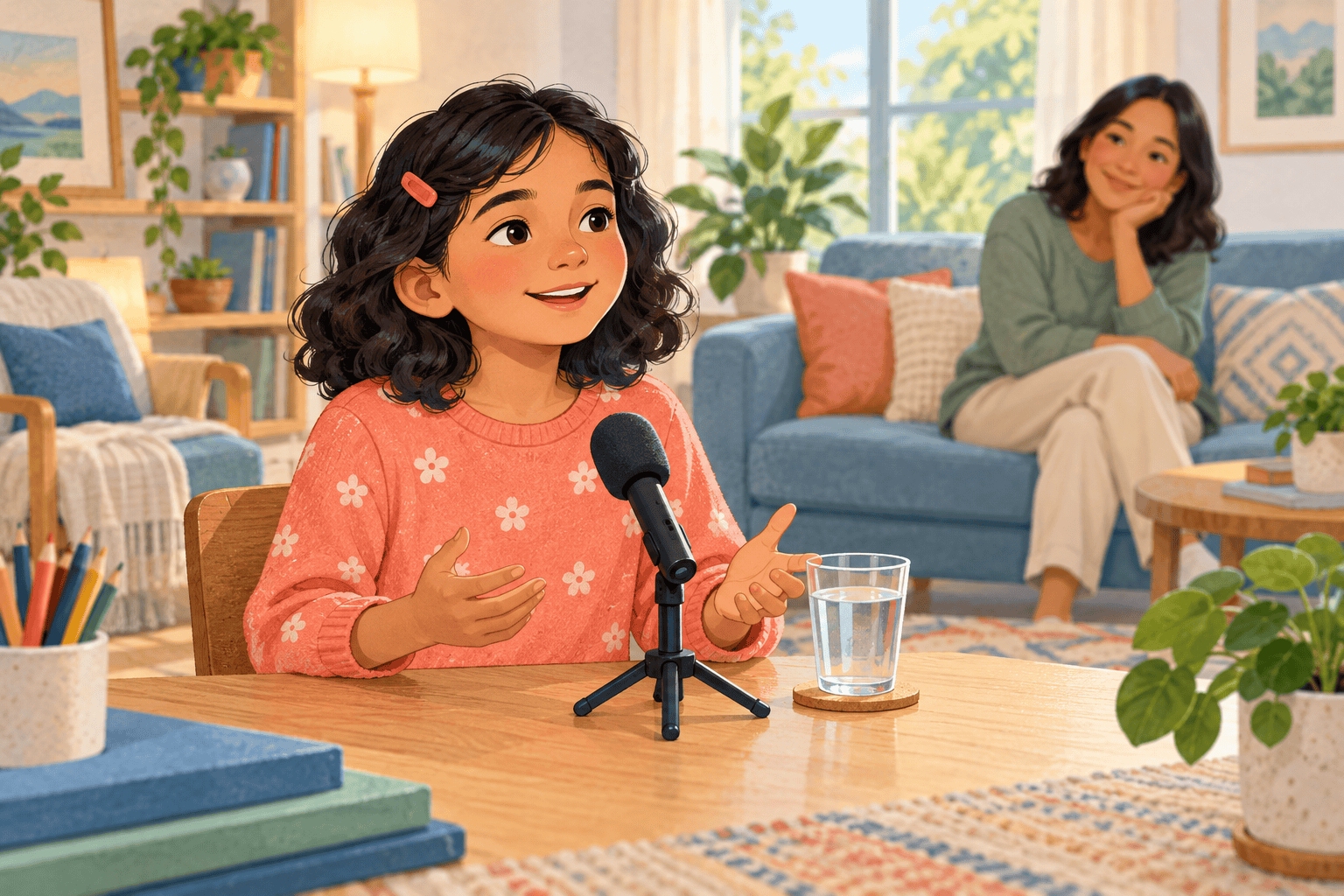 Child practising comfortable speaking into a microphone while a caregiver listens