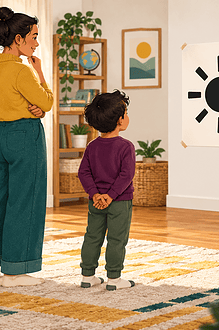 Child and caregiver checking simple presentation visuals from across a room