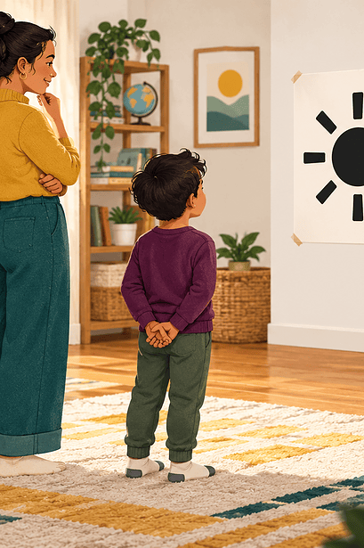 Child and caregiver checking simple presentation visuals from across a room