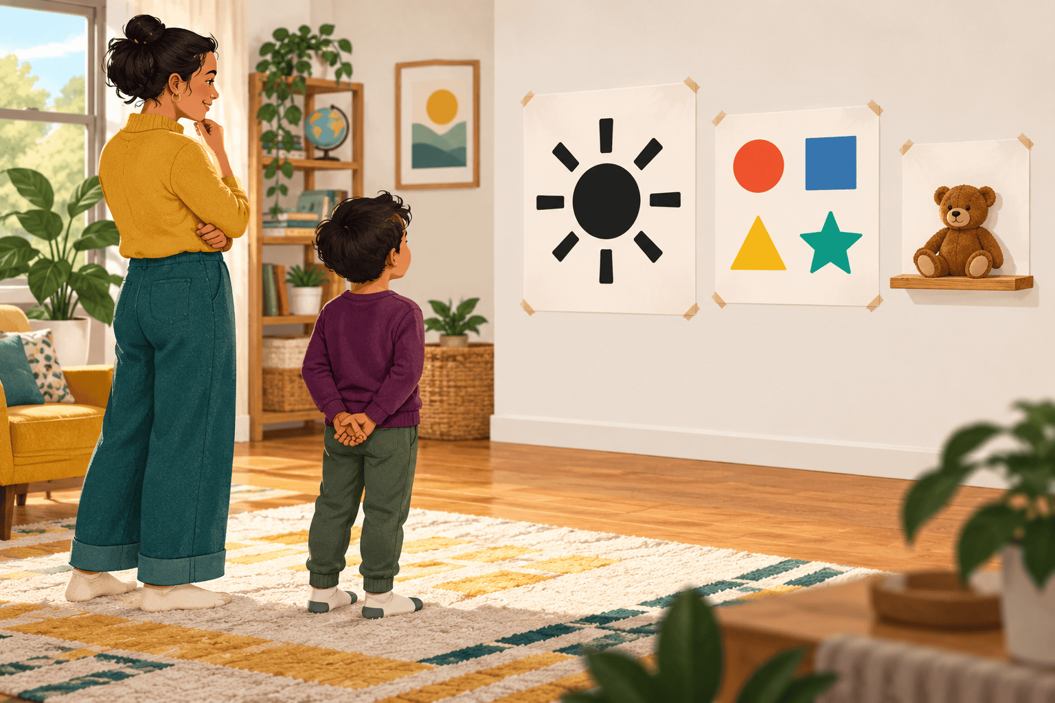 Child and caregiver checking simple presentation visuals from across a room