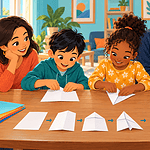 Children showing the stages of folding a paper airplane to family members