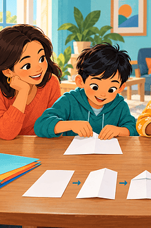 Children showing the stages of folding a paper airplane to family members