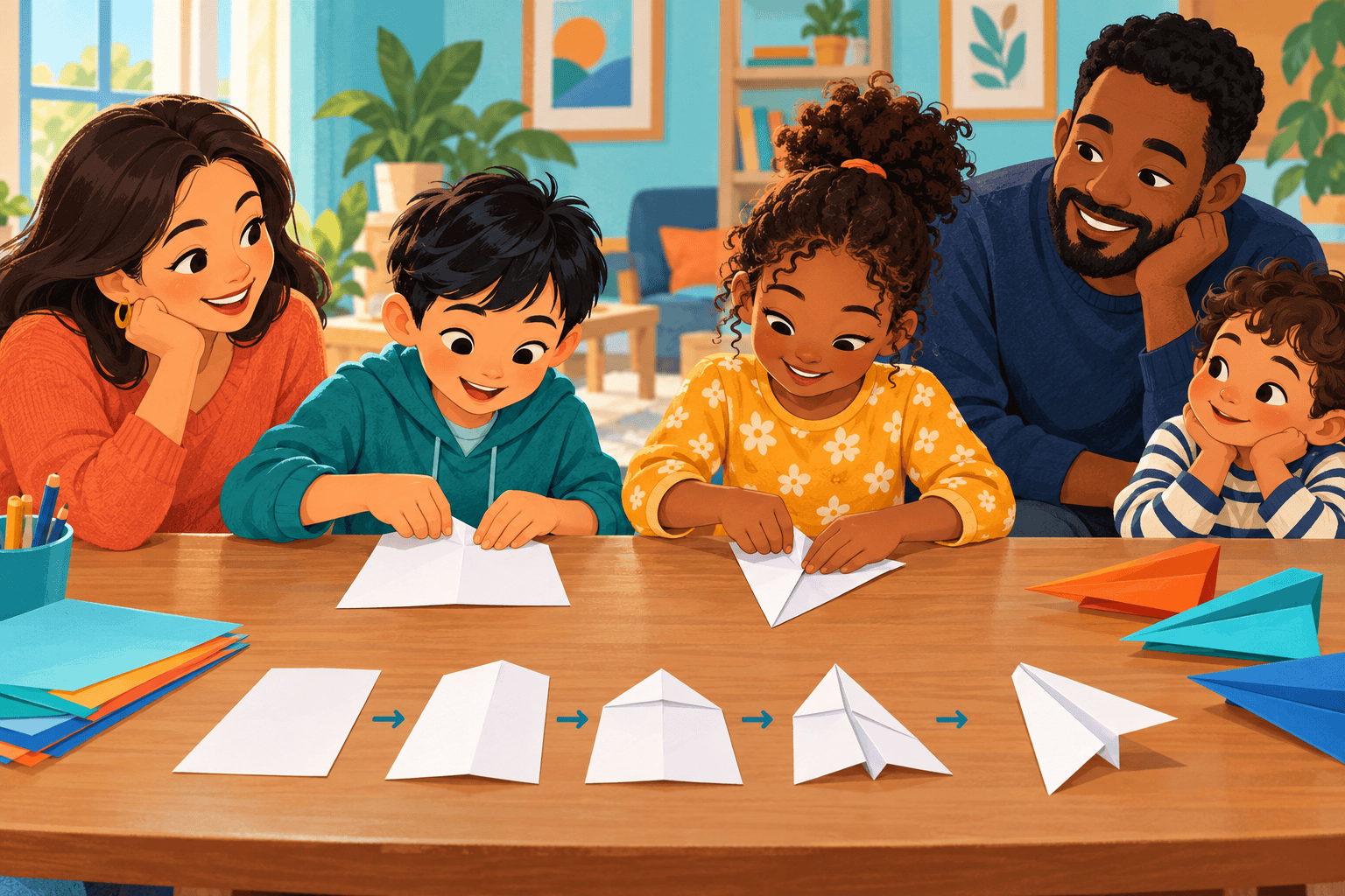 Children showing the stages of folding a paper airplane to family members