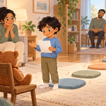 Child rehearsing a presentation for a teddy bear before speaking to family