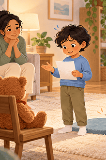Child rehearsing a presentation for a teddy bear before speaking to family
