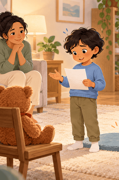 Child rehearsing a presentation for a teddy bear before speaking to family