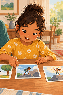 Child arranging picture cards for a short speech with a caregiver nearby