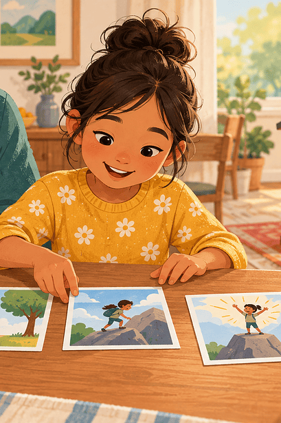 Child arranging picture cards for a short speech with a caregiver nearby