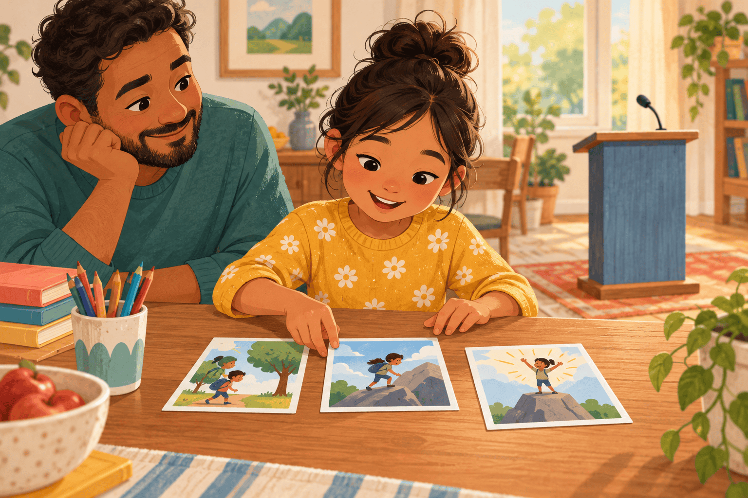 Child arranging picture cards for a short speech with a caregiver nearby