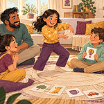 Family playing a speaking game with imaginary objects and picture cards
